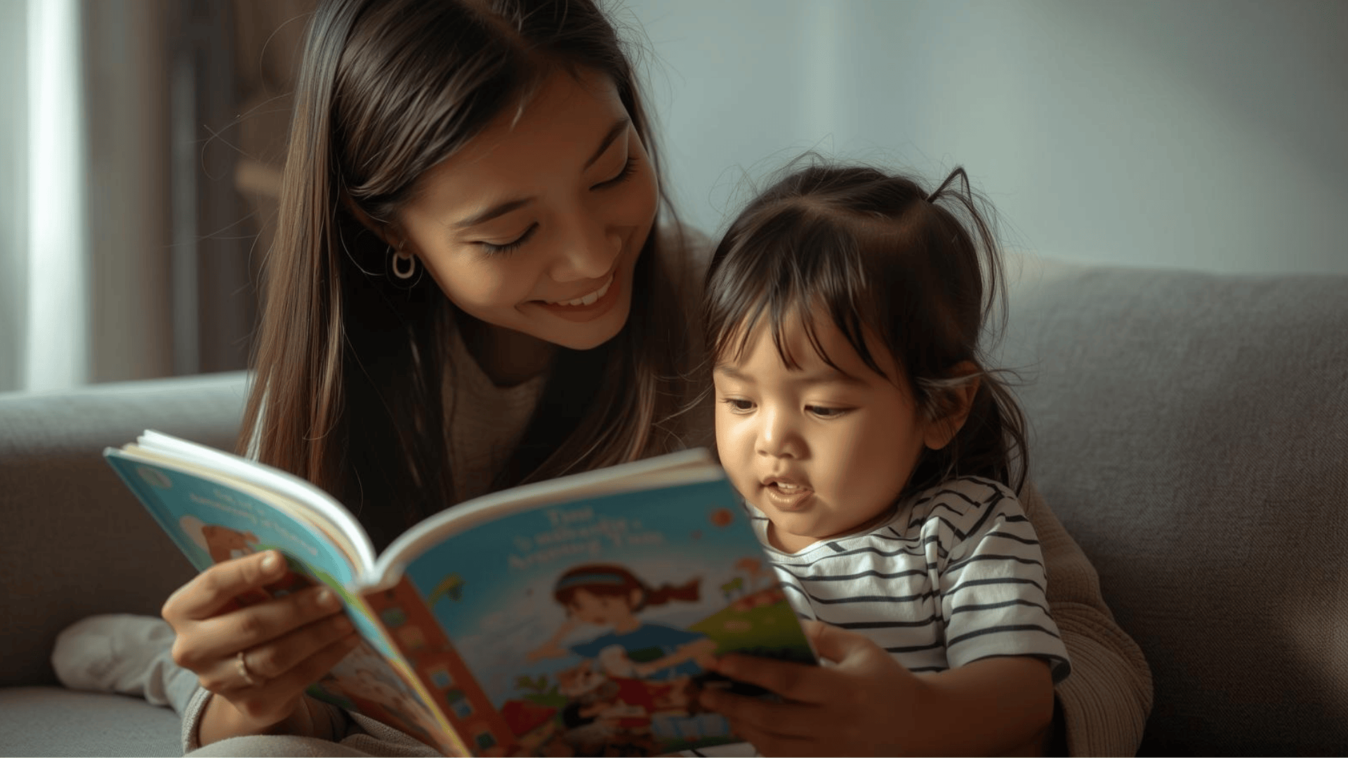 Ibu membacakan buku bergambar sebagai aktivitas edukatif balita