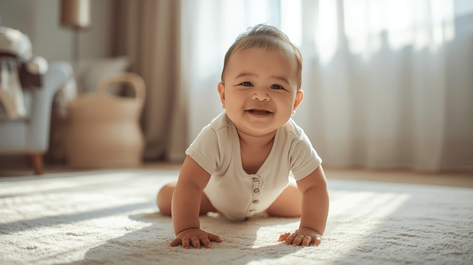Bayi Indonesia mengenakan pakaian katun ringan saat bermain di dalam rumah