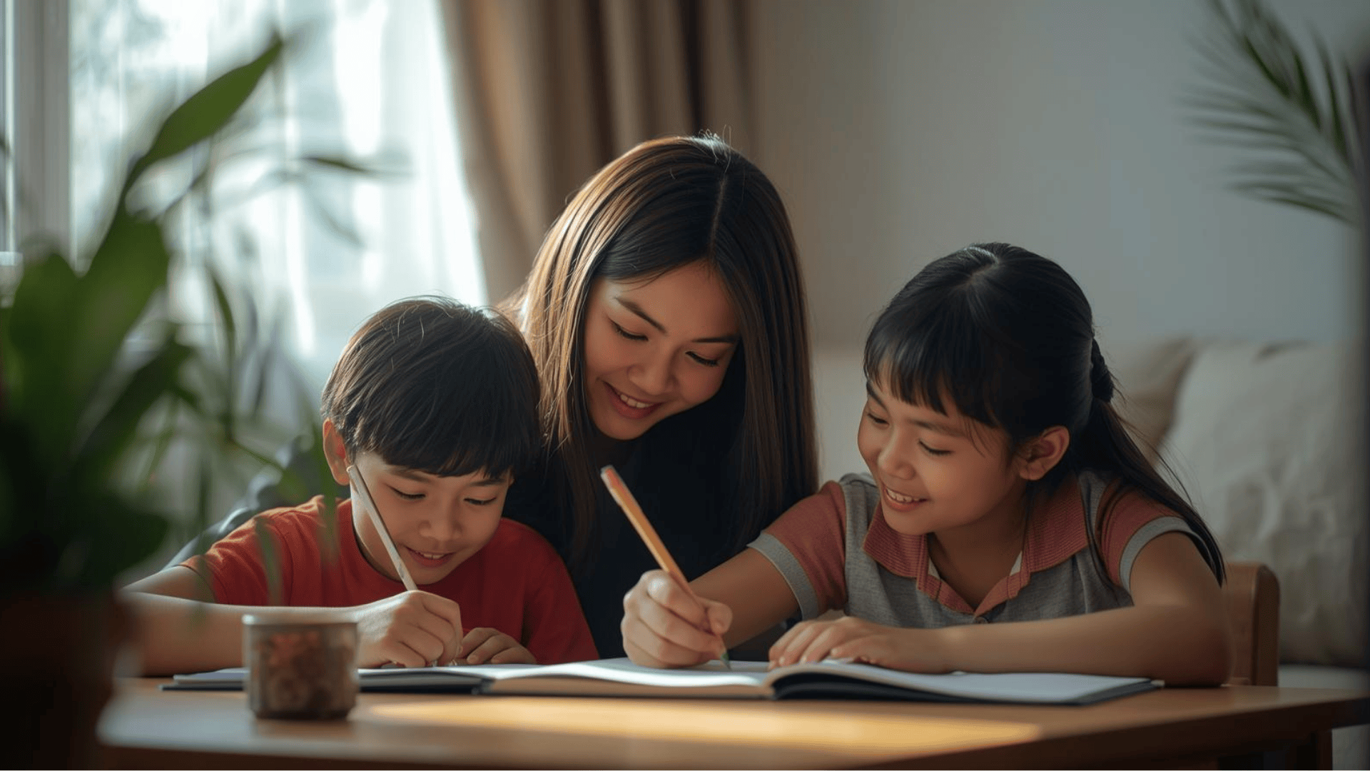 Orang tua Indonesia mendampingi anak belajar di rumah dengan penuh perhatian.