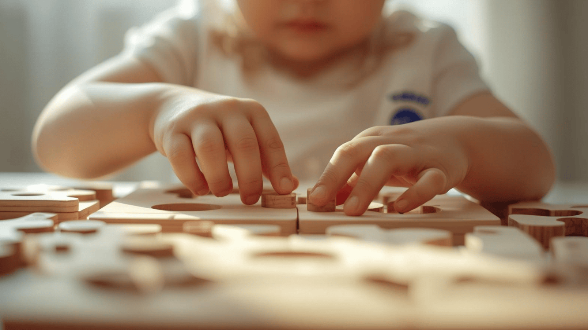 Tangan anak menyusun puzzle Montessori kayu