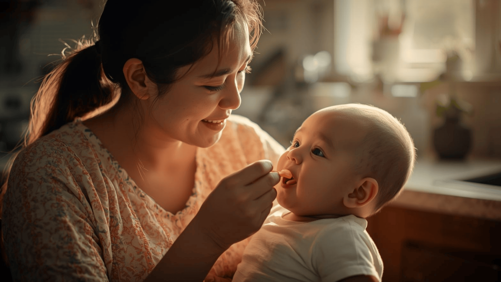 Ibu memberi MPASI untuk mendukung gizi bayi.