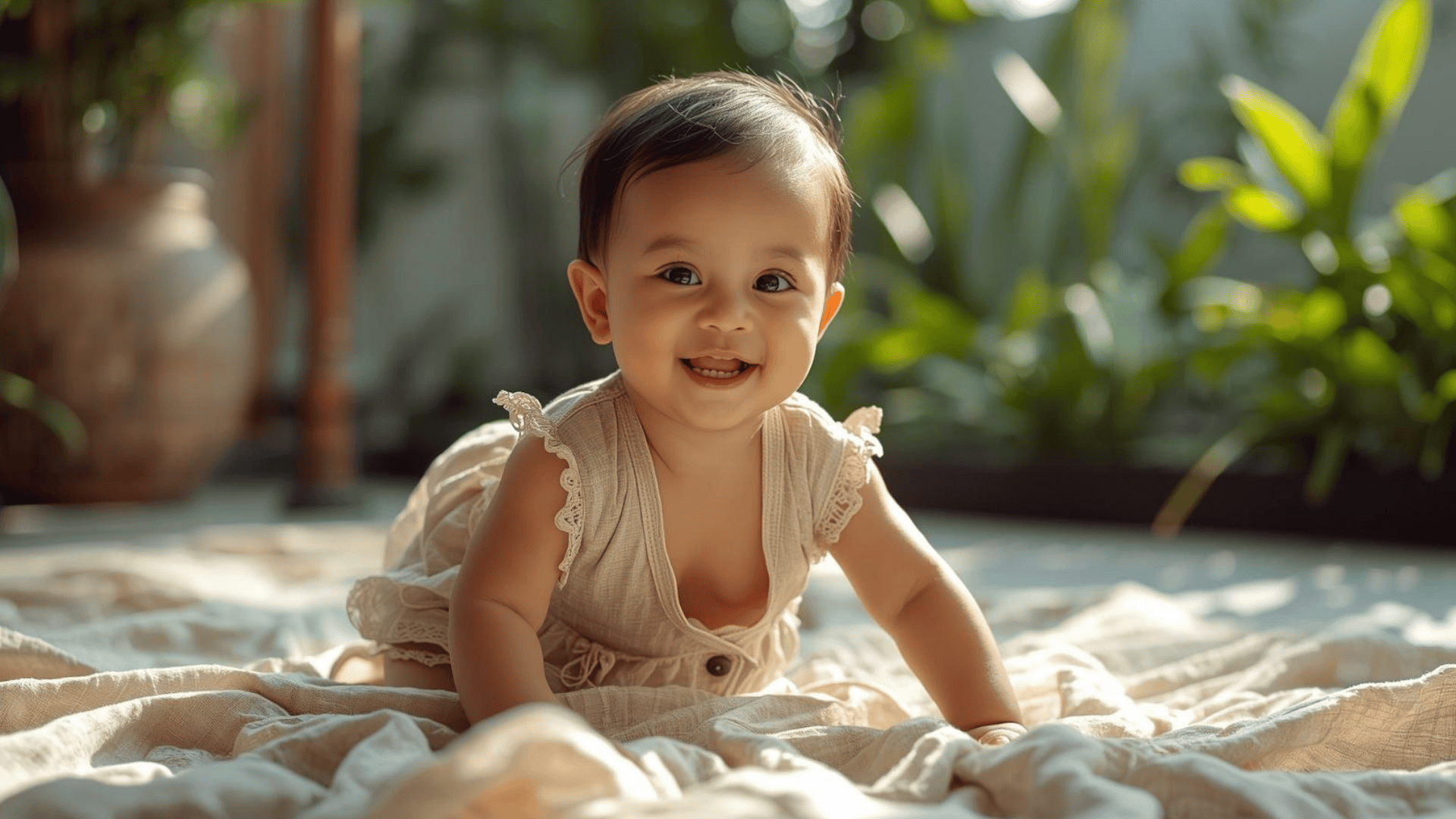 Bayi Indonesia bermain di teras dengan pakaian katun tipis pastel, tersenyum ceria, cuaca panas.